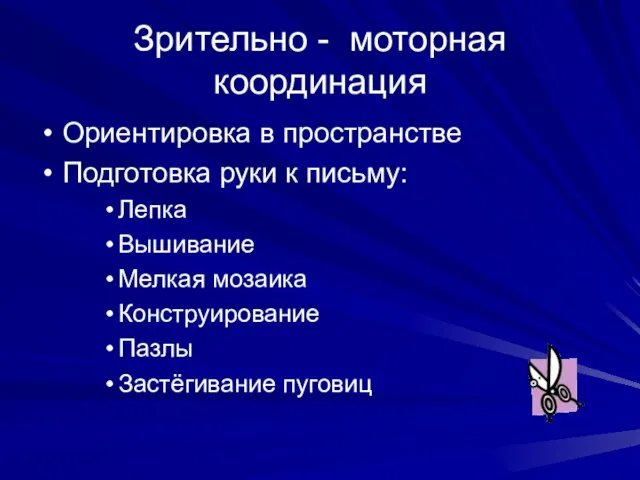 Зрительно - моторная координация Ориентировка в пространстве Подготовка руки к письму: Лепка