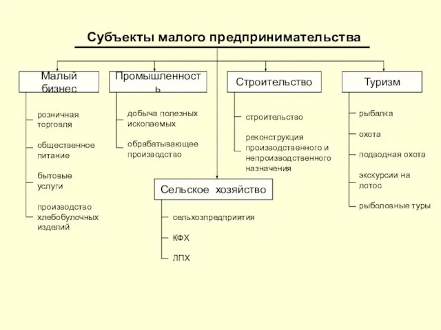 Субъекты малого предпринимательства Малый бизнес Промышленность Туризм Строительство Сельское хозяйство розничная торговля