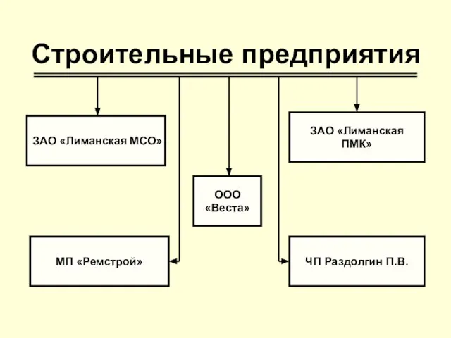 Строительные предприятия ООО «Веста» ЗАО «Лиманская ПМК» ЗАО «Лиманская МСО» ЧП Раздолгин П.В. МП «Ремстрой»