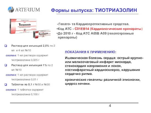 Формы выпуска: ТИОТРИАЗОЛИН Раствор для инъекций 2,5% по 2 мл и 4