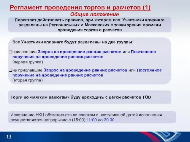 Регламент проведения торгов и расчетов (1) Общие положения Перестает действовать правило, при