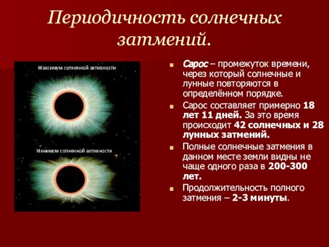 Периодичность солнечных затмений. Сарос – промежуток времени, через который солнечные и лунные