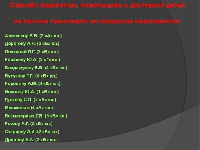 Спасибо родителям, помогавшим с доставкой детей на личном транспорте на городские мероприятия: