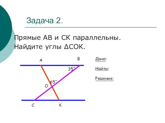 Задача 2. Прямые АВ и СК параллельны. Найдите углы ∆СОК. С К