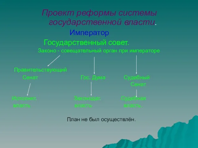 Проект реформы системы государственной власти. Император Государственный совет. Законо - совещательный орган