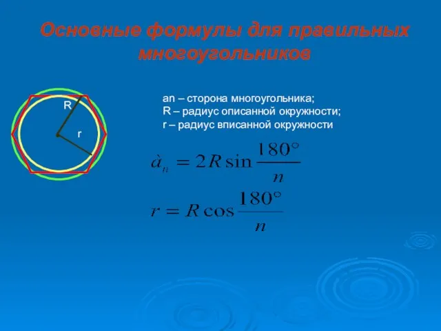 Основные формулы для правильных многоугольников R r an – сторона многоугольника; R