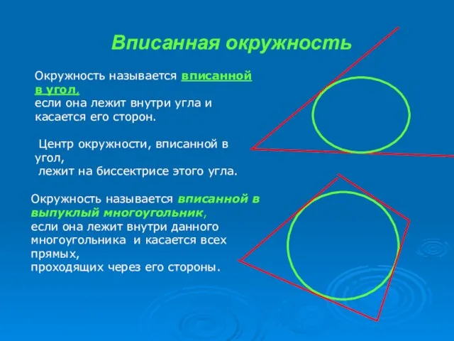 Вписанная окружность Окружность называется вписанной в угол, если она лежит внутри угла