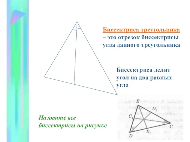 Биссектриса треугольника – это отрезок биссектрисы угла данного треугольника Биссектриса делит угол