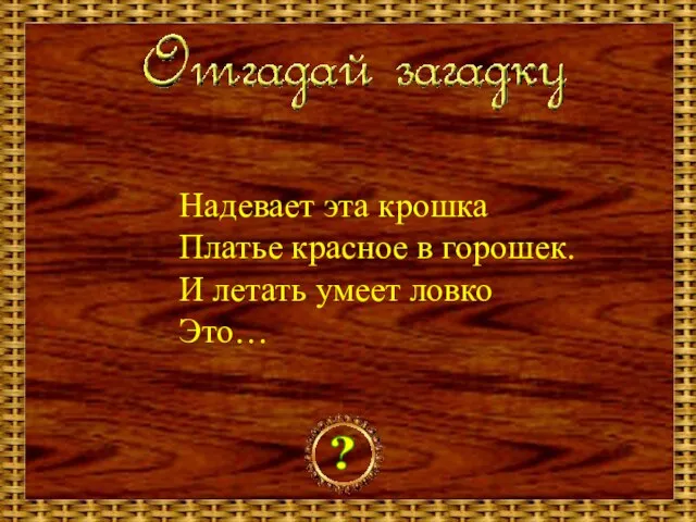 Надевает эта крошка Платье красное в горошек. И летать умеет ловко Это… ?