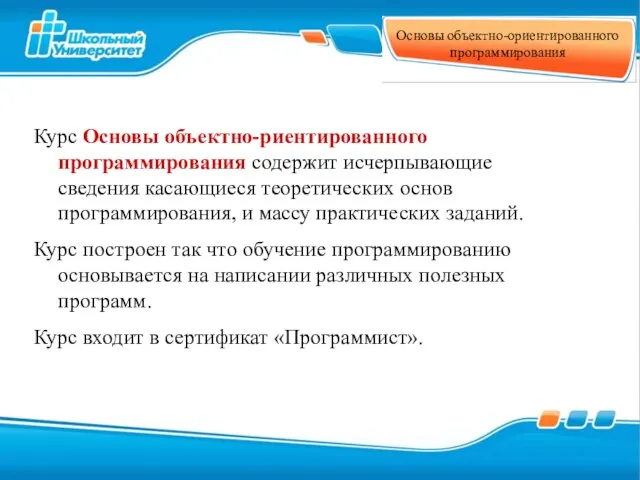 Основы объектно-ориентированного программирования Курс Основы объектно-риентированного программирования содержит исчерпывающие сведения касающиеся теоретических