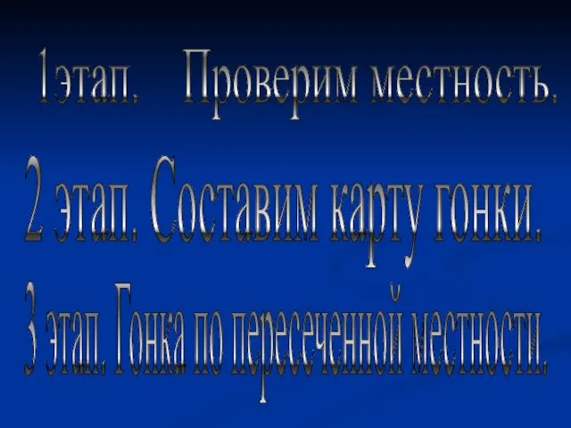 1этап. Проверим местность. 2 этап. Составим карту гонки. 3 этап. Гонка по пересеченной местности.