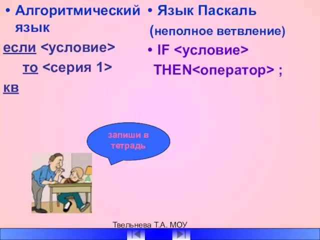 Твельнева Т.А. МОУ СОШ №1 Алгоритмический язык если то кв Язык Паскаль