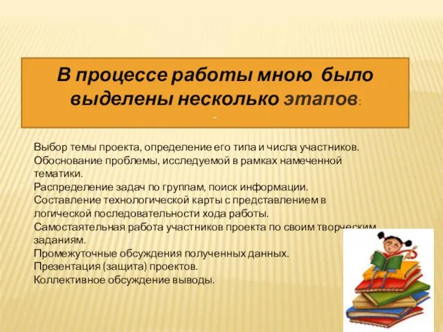 В процессе работы мною было выделены несколько этапов: - Выбор темы проекта,