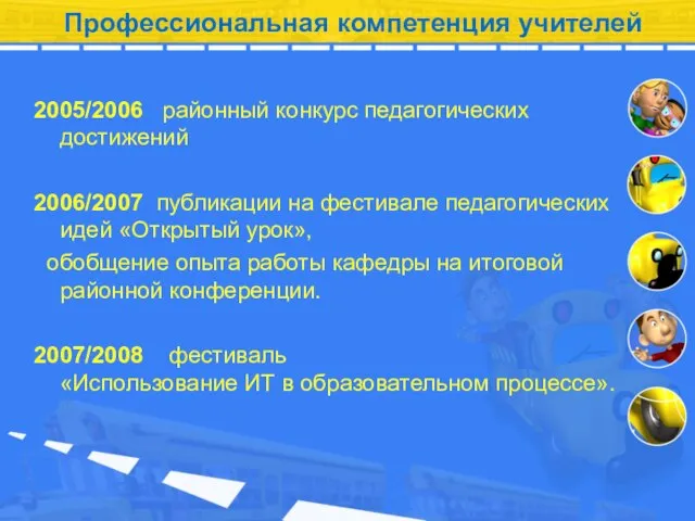 Профессиональная компетенция учителей 2005/2006 районный конкурс педагогических достижений 2006/2007 публикации на фестивале