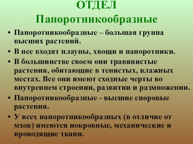 ОТДЕЛ Папоротникообразные Папоротникообразные – большая группа высших растений. В нее входят плауны,