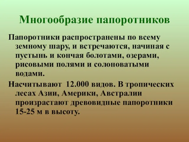 Многообразие папоротников Папоротники распространены по всему земному шару, и встречаются, начиная с