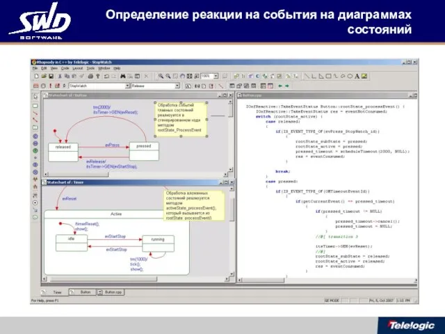 Определение реакции на события на диаграммах состояний