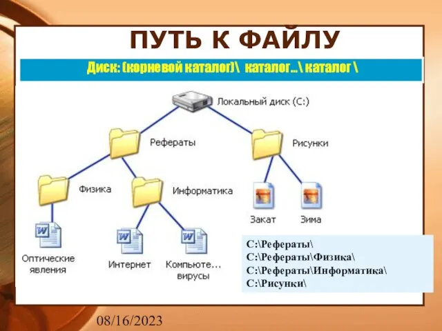 08/16/2023 ПУТЬ К ФАЙЛУ C:\Рефераты\ C:\Рефераты\Физика\ C:\Рефераты\Информатика\ C:\Рисунки\