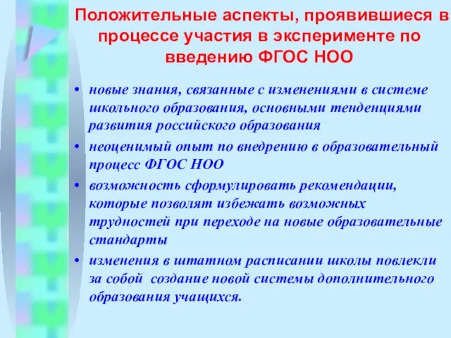 Положительные аспекты, проявившиеся в процессе участия в эксперименте по введению ФГОС НОО