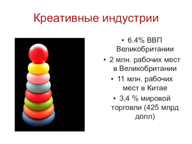 Креативные индустрии 6.4% ВВП Великобритании 2 млн. рабочих мест в Великобритании 11