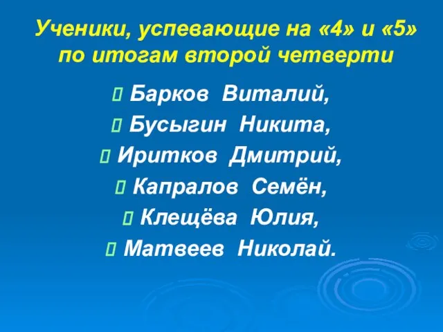 Ученики, успевающие на «4» и «5» по итогам второй четверти Барков Виталий,