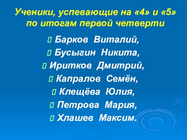 Ученики, успевающие на «4» и «5» по итогам первой четверти Барков Виталий,