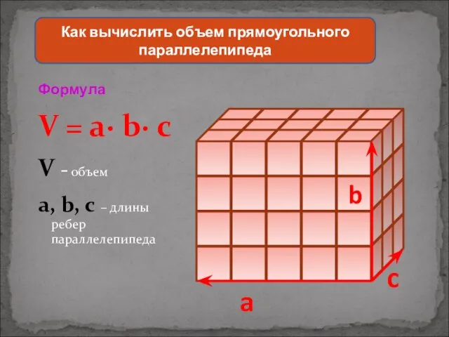 Формула V = a∙ b∙ c V - объем a, b, c