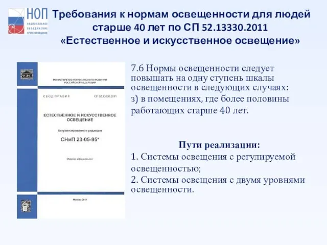 Требования к нормам освещенности для людей старше 40 лет по СП 52.13330.2011