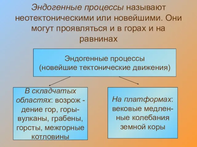 Эндогенные процессы называют неотектоническими или новейшими. Они могут проявляться и в горах