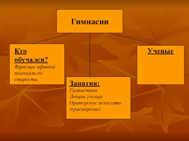 Гимнасии Ученые Кто обучался? Взрослые афиняне посещали до старости. Занятия: Гимнастика Лекции ученых Ораторское искусство (красноречие)