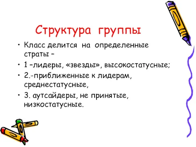 Структура группы Класс делится на определенные страты – 1 –лидеры, «звезды», высокостатусные;