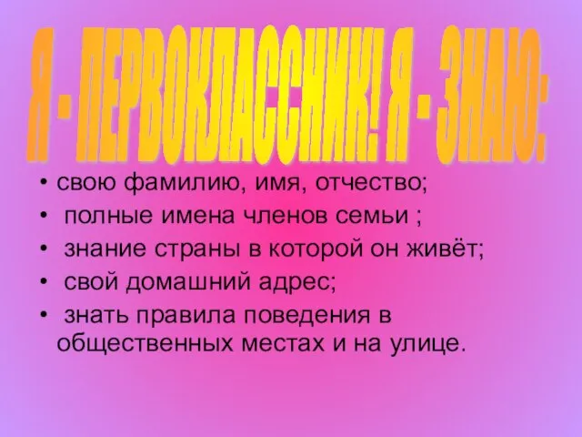 свою фамилию, имя, отчество; полные имена членов семьи ; знание страны в