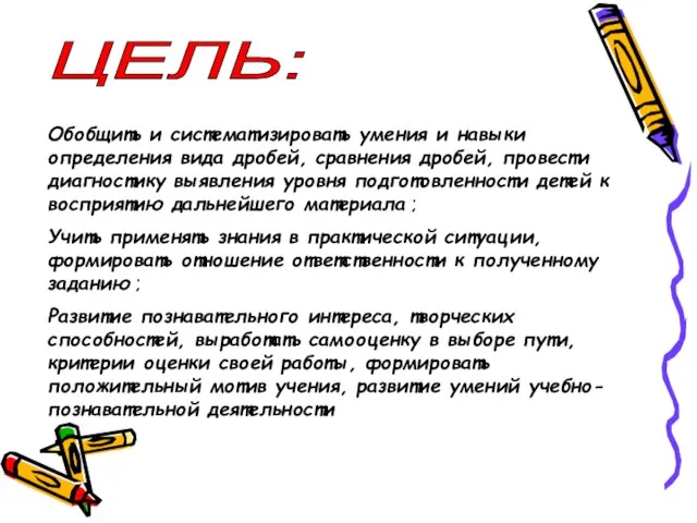 ЦЕЛЬ: Обобщить и систематизировать умения и навыки определения вида дробей, сравнения дробей,