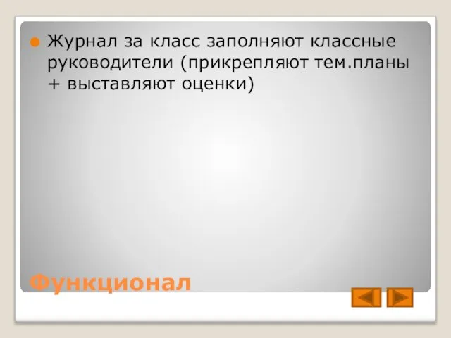 Функционал Журнал за класс заполняют классные руководители (прикрепляют тем.планы + выставляют оценки)