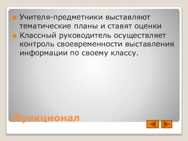 Функционал Учителя-предметники выставляют тематические планы и ставят оценки Классный руководитель осуществляет контроль