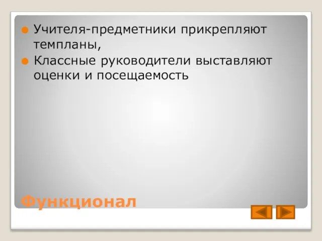 Функционал Учителя-предметники прикрепляют темпланы, Классные руководители выставляют оценки и посещаемость