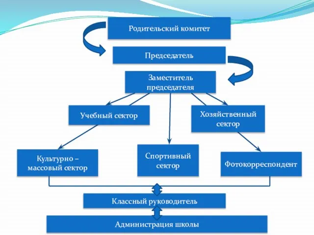 Родительский комитет Председатель Заместитель председателя Учебный сектор Спортивный сектор Хозяйственный сектор Культурно