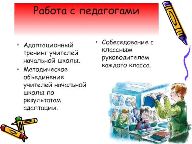 Работа с педагогами Собеседование с классным руководителем каждого класса. Адаптационный тренинг учителей