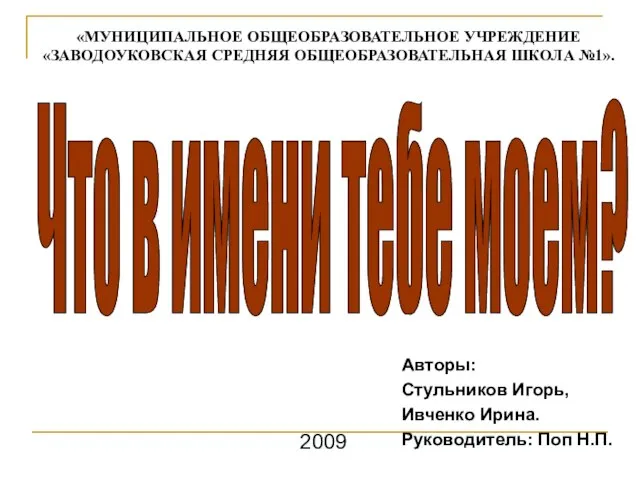 2009 Авторы: Стульников Игорь, Ивченко Ирина. Руководитель: Поп Н.П. Что в имени