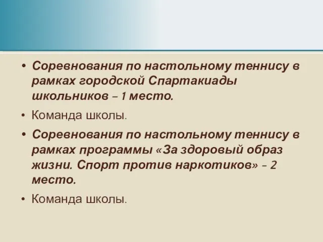 Соревнования по настольному теннису в рамках городской Спартакиады школьников – 1 место.