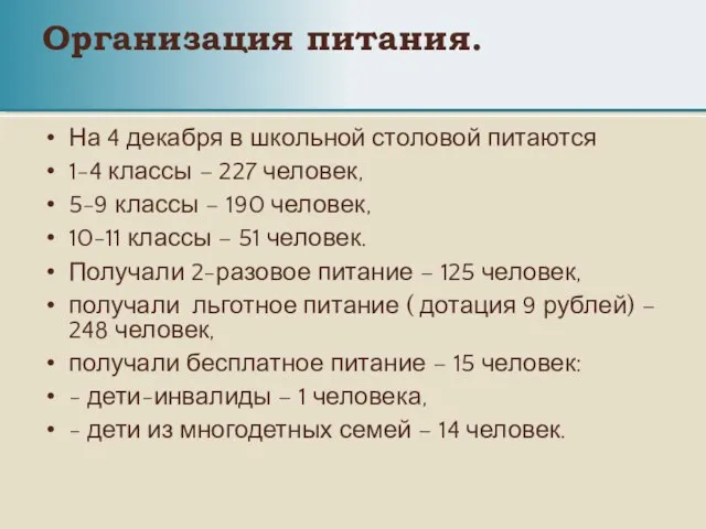 Организация питания. На 4 декабря в школьной столовой питаются 1-4 классы –