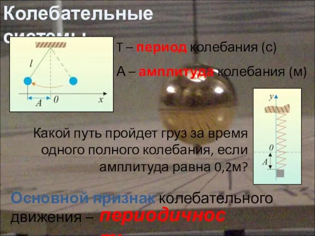 Колебательные системы T – период колебания (с) А – амплитуда колебания (м)