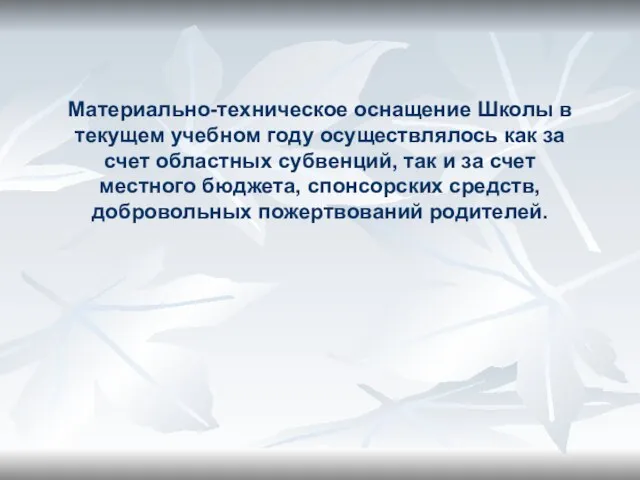 Материально-техническое оснащение Школы в текущем учебном году осуществлялось как за счет областных