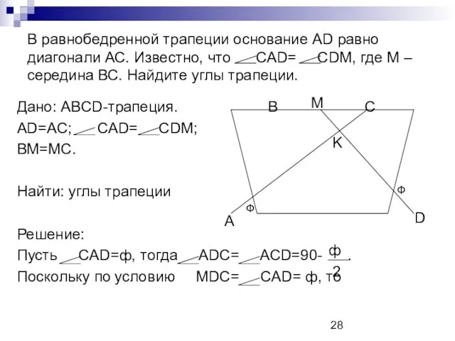 В равнобедренной трапеции основание AD равно диагонали АС. Известно, что САD= СDM,