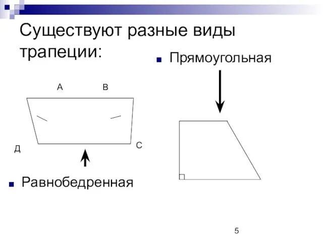 Существуют разные виды трапеции: Равнобедренная Прямоугольная А В С Д