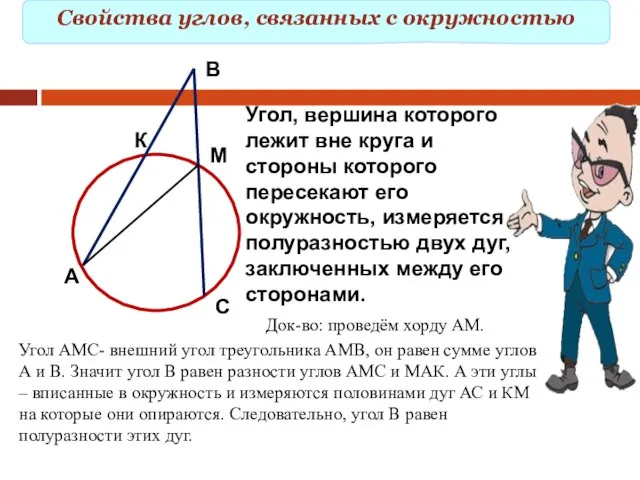 Свойства углов, связанных с окружностью В М К А С Угол, вершина