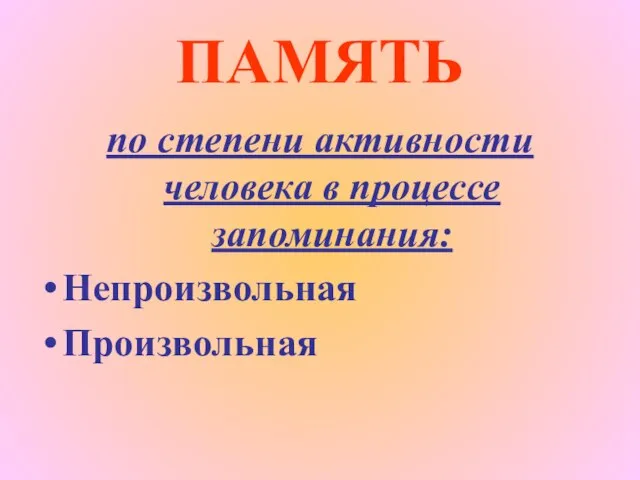 ПАМЯТЬ по степени активности человека в процессе запоминания: Непроизвольная Произвольная