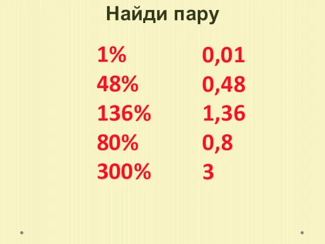 1% 48% 136% 80% 300% Найди пару 0,01 0,48 1,36 0,8 3