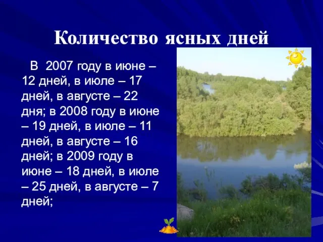 Количество ясных дней В 2007 году в июне – 12 дней, в