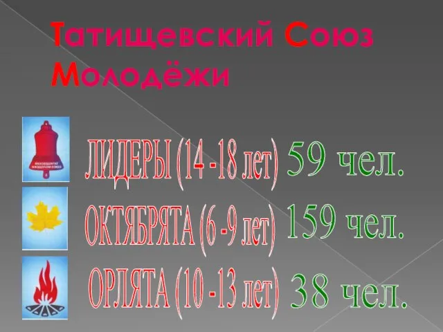 Татищевский Союз Молодёжи ОРЛЯТА (10 -13 лет) 38 чел. 59 чел. 159